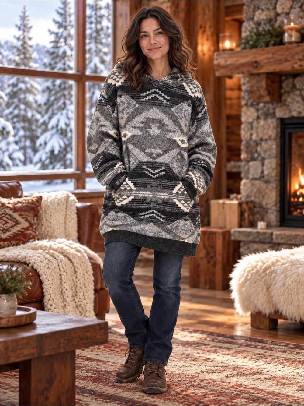 American Eagle Oversized Southwestern Knit Hoodie Sweater Gray Black XL Unisex